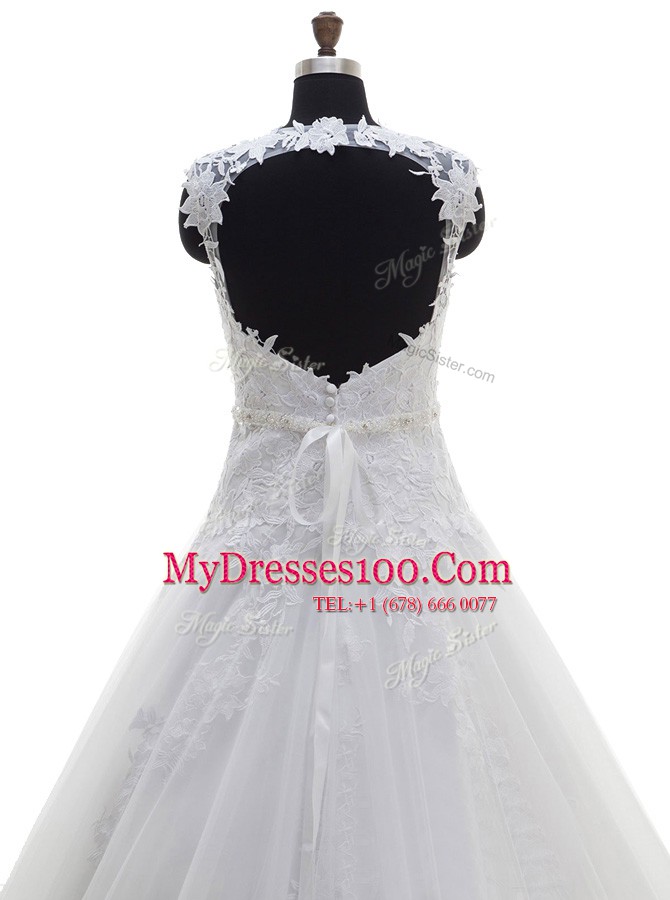 V-neck Sleeveless Tulle Wedding Gowns Appliques Backless