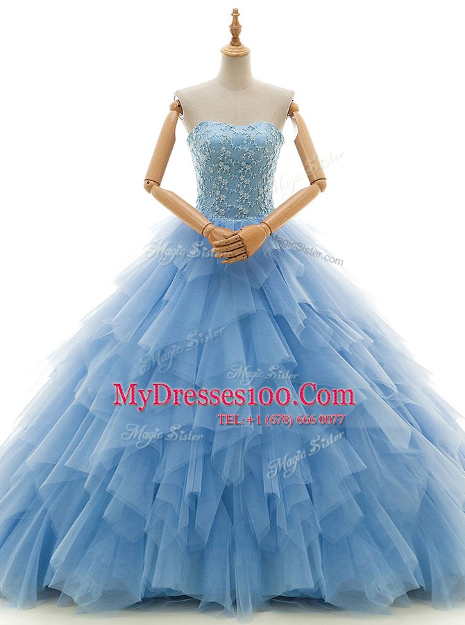 Colorful Baby Blue A-line Beading and Ruffles Wedding Gown Lace Up Tulle Sleeveless With Train
