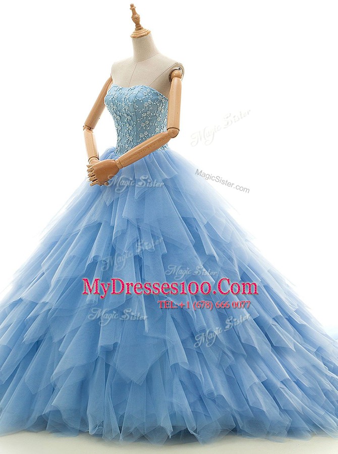 Colorful Baby Blue A-line Beading and Ruffles Wedding Gown Lace Up Tulle Sleeveless With Train