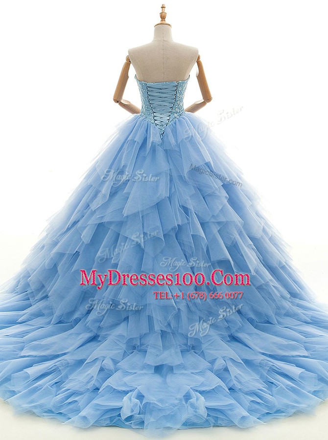 Colorful Baby Blue A-line Beading and Ruffles Wedding Gown Lace Up Tulle Sleeveless With Train