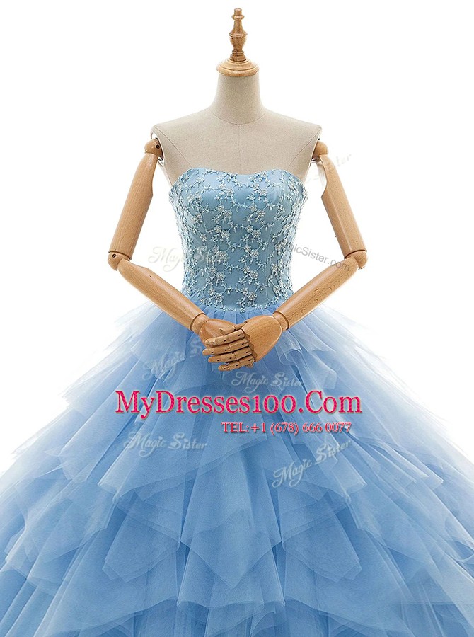 Colorful Baby Blue A-line Beading and Ruffles Wedding Gown Lace Up Tulle Sleeveless With Train