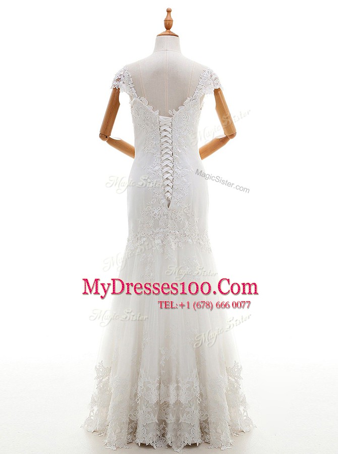 Attractive White Cap Sleeves Lace and Appliques Floor Length Wedding Gown