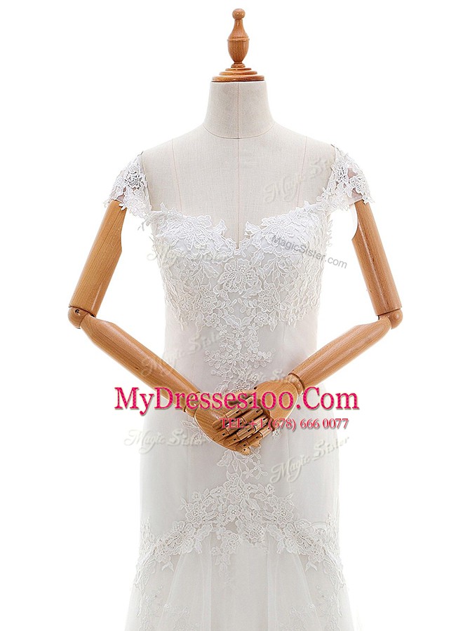 Attractive White Cap Sleeves Lace and Appliques Floor Length Wedding Gown