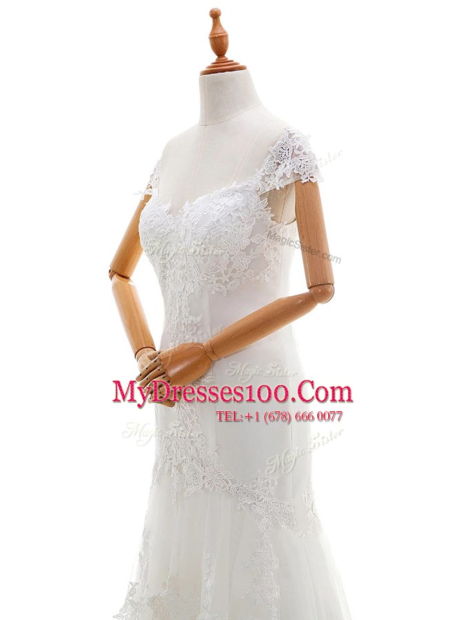 Attractive White Cap Sleeves Lace and Appliques Floor Length Wedding Gown