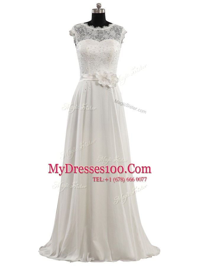 Adorable Scoop White Cap Sleeves Chiffon Clasp Handle Wedding Dresses for Wedding Party