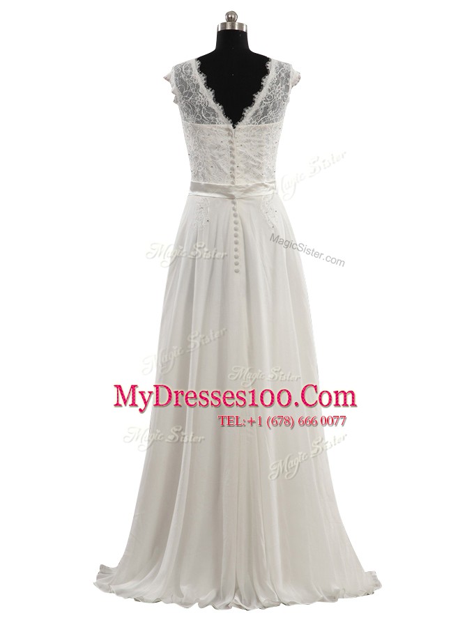 Adorable Scoop White Cap Sleeves Chiffon Clasp Handle Wedding Dresses for Wedding Party