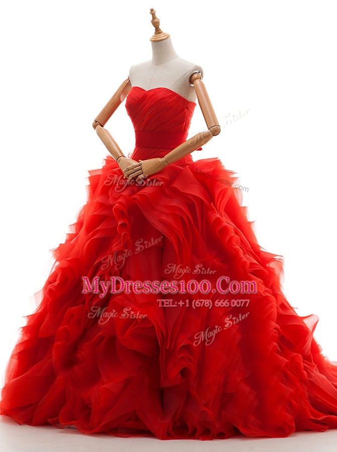 Eye-catching Red Sleeveless Tulle Brush Train Lace Up Wedding Dresses for Wedding Party