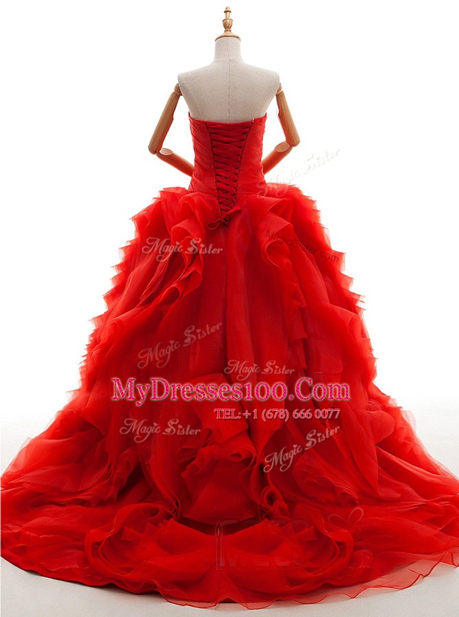 Eye-catching Red Sleeveless Tulle Brush Train Lace Up Wedding Dresses for Wedding Party