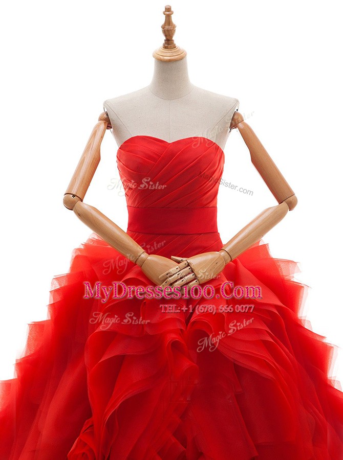 Eye-catching Red Sleeveless Tulle Brush Train Lace Up Wedding Dresses for Wedding Party
