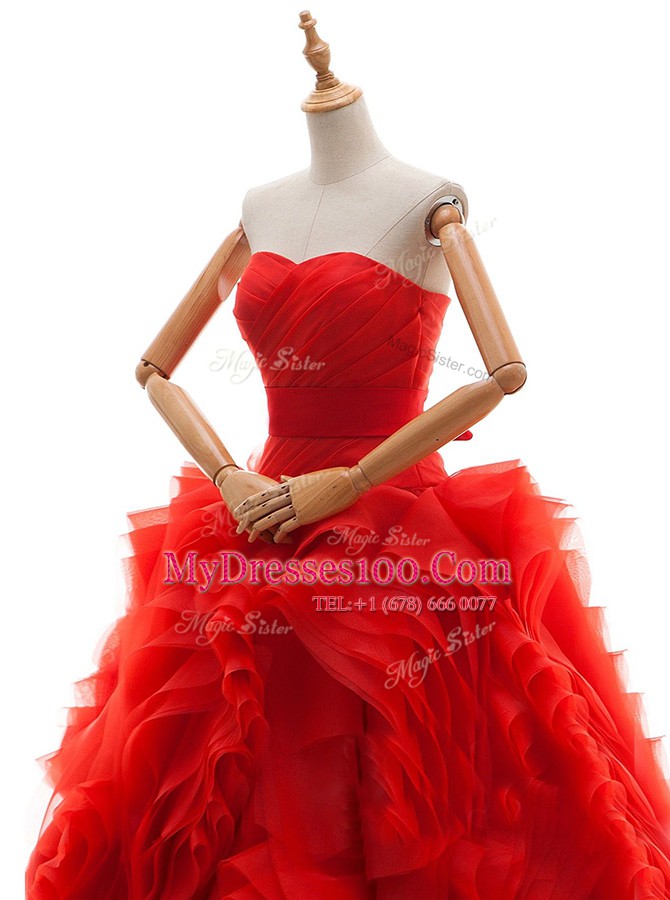 Eye-catching Red Sleeveless Tulle Brush Train Lace Up Wedding Dresses for Wedding Party