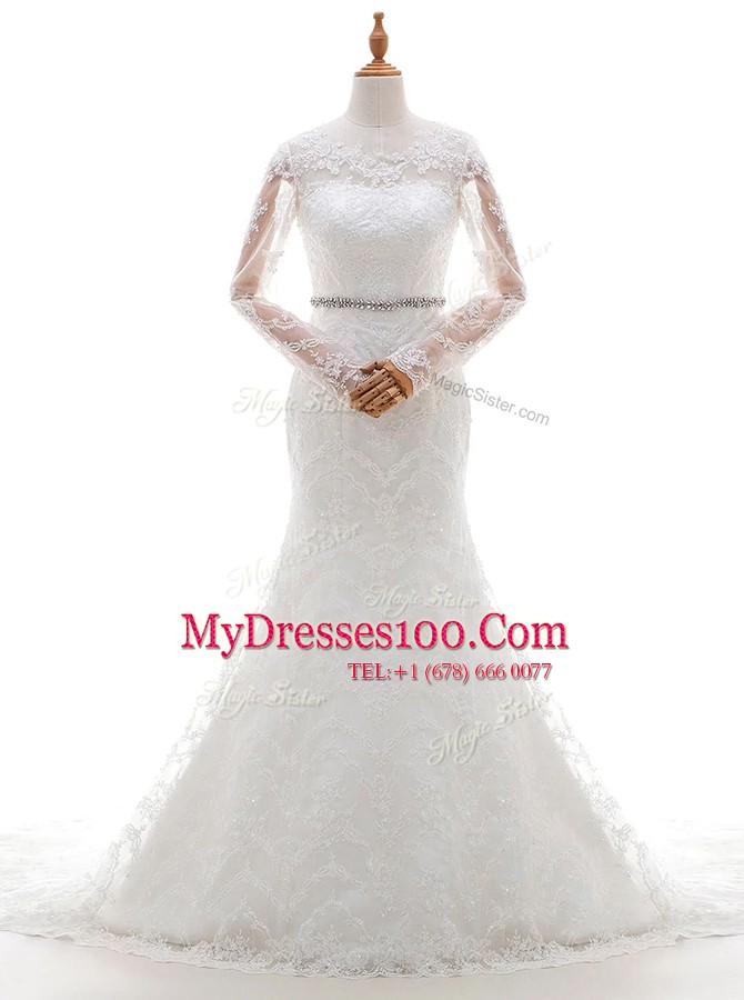 Scoop White Mermaid Beading and Lace Bridal Gown Clasp Handle Lace Long Sleeves With Train