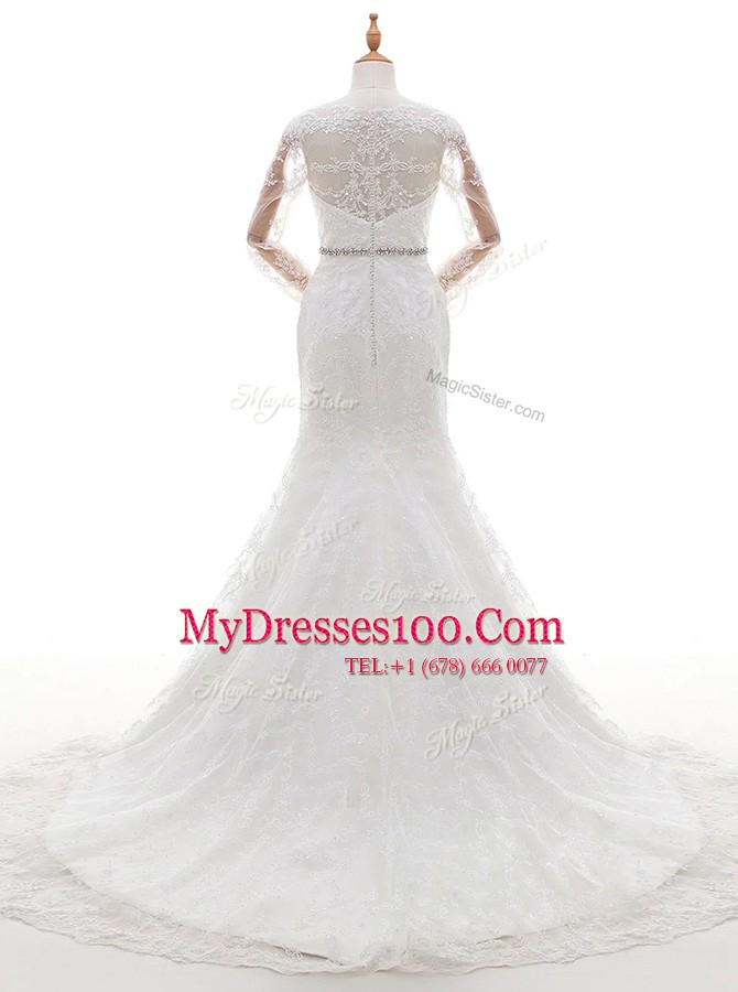 Scoop White Mermaid Beading and Lace Bridal Gown Clasp Handle Lace Long Sleeves With Train