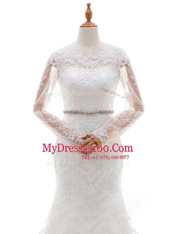 Scoop White Mermaid Beading and Lace Bridal Gown Clasp Handle Lace Long Sleeves With Train