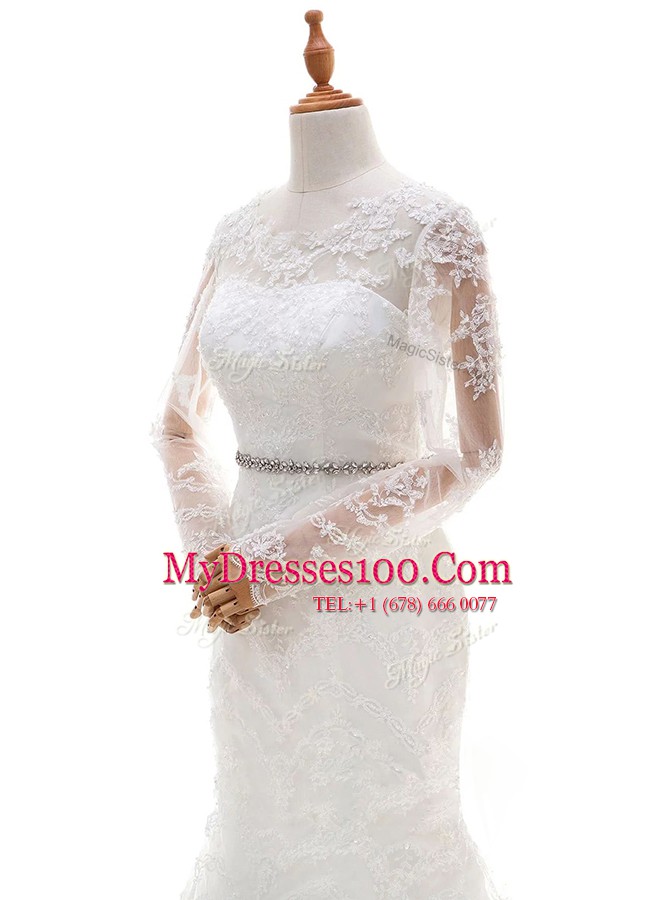 Scoop White Mermaid Beading and Lace Bridal Gown Clasp Handle Lace Long Sleeves With Train