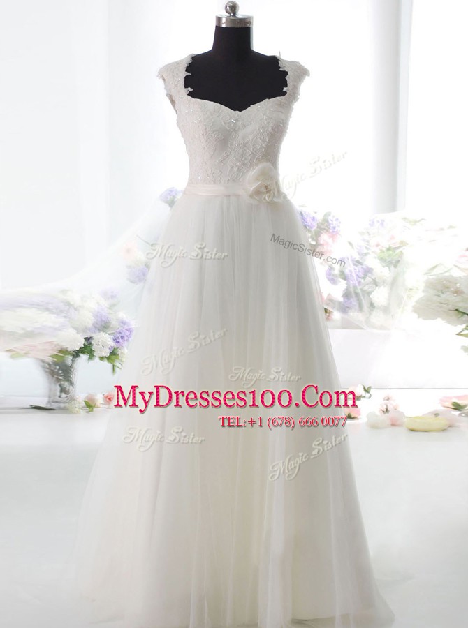 White Side Zipper Wedding Dresses Lace and Hand Made Flower Sleeveless Floor Length
