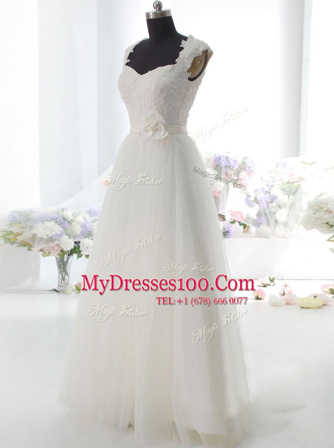 White Side Zipper Wedding Dresses Lace and Hand Made Flower Sleeveless Floor Length