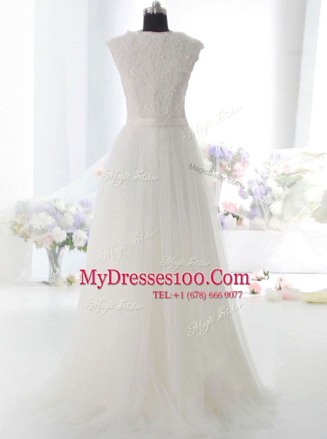 White Side Zipper Wedding Dresses Lace and Hand Made Flower Sleeveless Floor Length