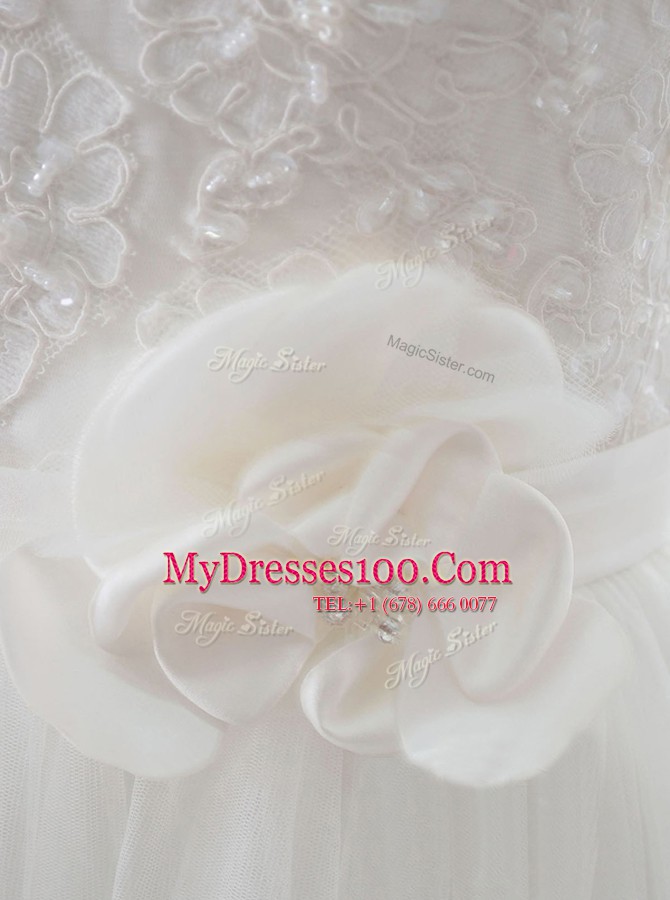 White Side Zipper Wedding Dresses Lace and Hand Made Flower Sleeveless Floor Length