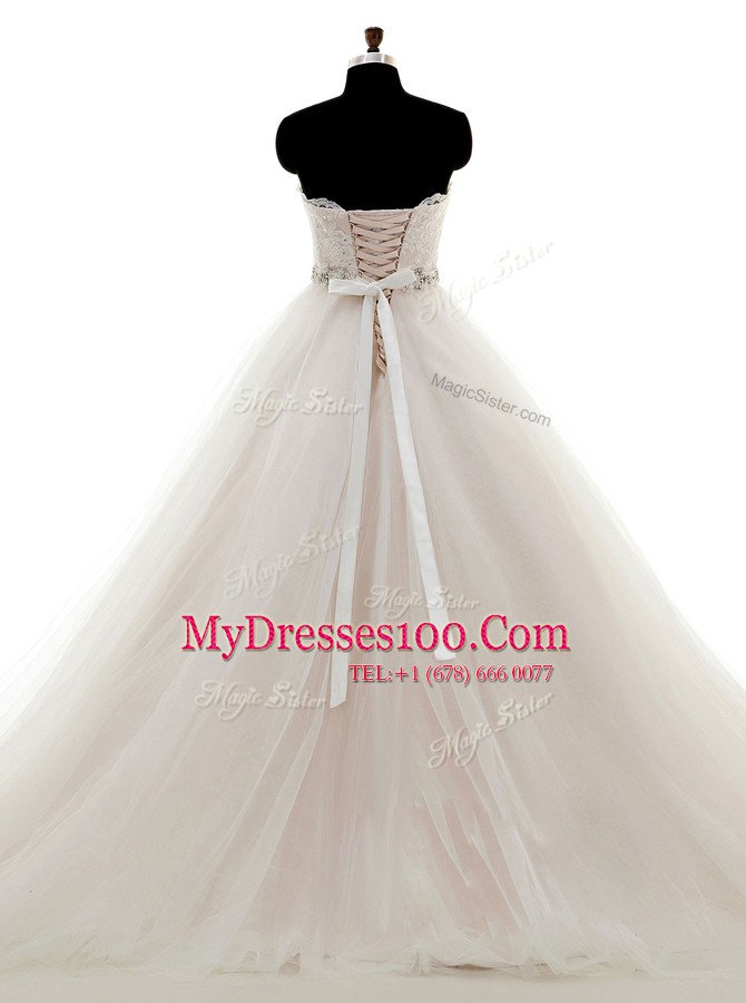 Simple White Sweetheart Lace Up Beading and Lace Bridal Gown Brush Train Sleeveless