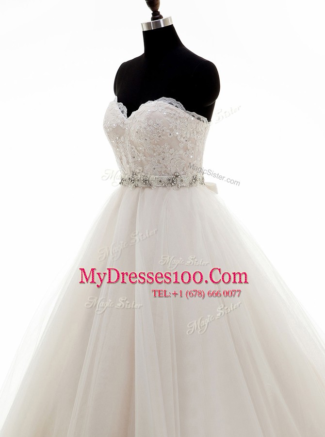Simple White Sweetheart Lace Up Beading and Lace Bridal Gown Brush Train Sleeveless