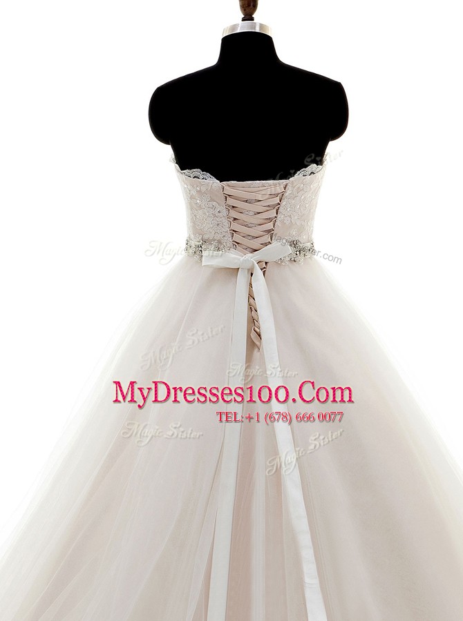 Simple White Sweetheart Lace Up Beading and Lace Bridal Gown Brush Train Sleeveless
