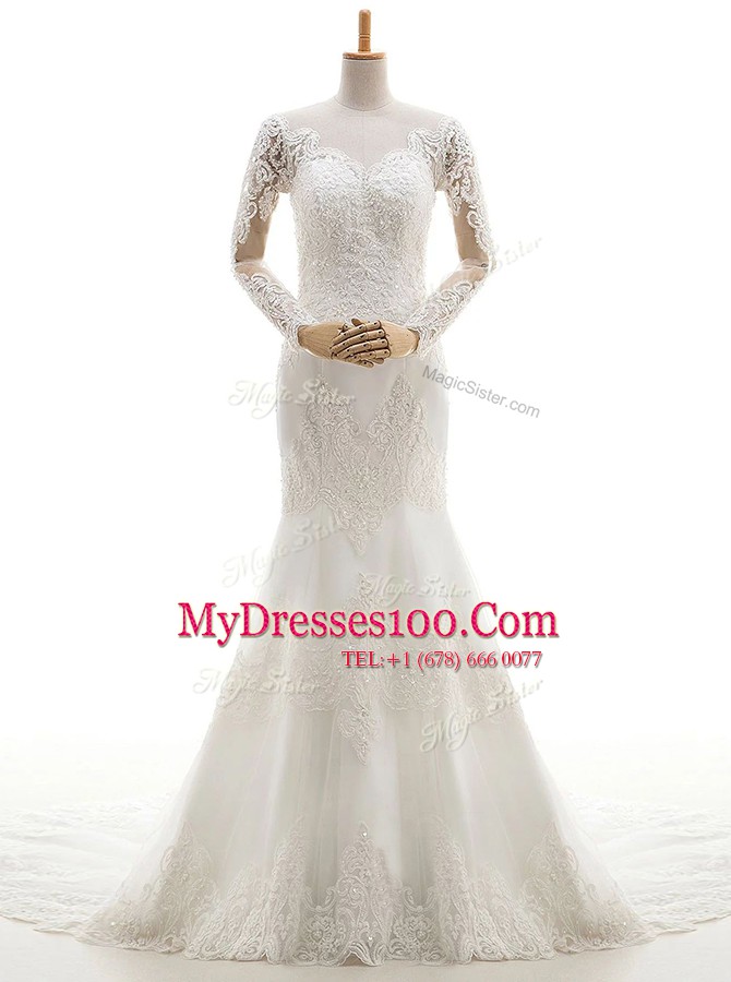 Captivating Mermaid Long Sleeves Brush Train Clasp Handle With Train Lace and Appliques Wedding Gowns