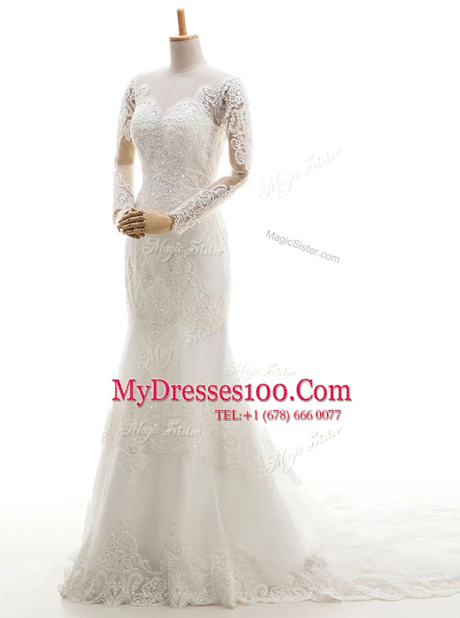 Captivating Mermaid Long Sleeves Brush Train Clasp Handle With Train Lace and Appliques Wedding Gowns