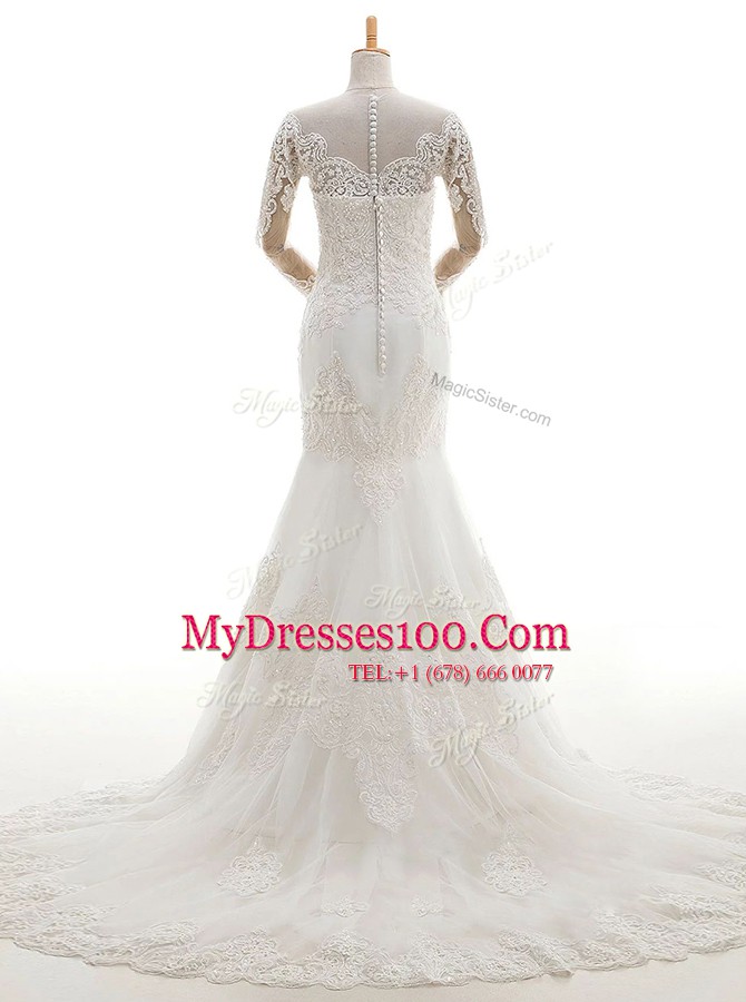 Captivating Mermaid Long Sleeves Brush Train Clasp Handle With Train Lace and Appliques Wedding Gowns