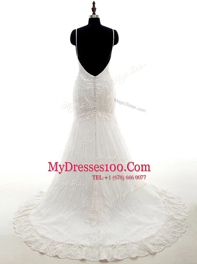 Inexpensive Mermaid V-neck Sleeveless Brush Train Backless Wedding Gown White Lace
