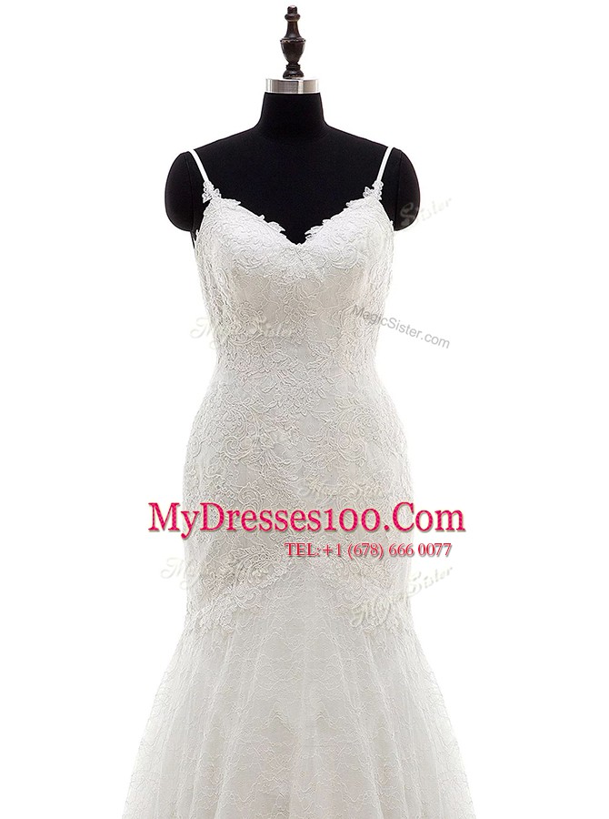 Inexpensive Mermaid V-neck Sleeveless Brush Train Backless Wedding Gown White Lace