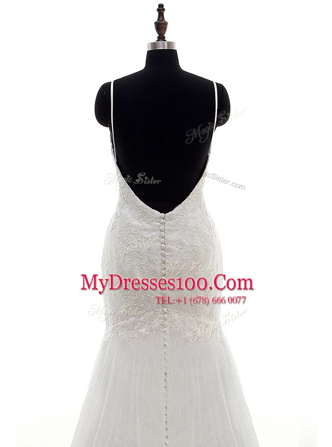 Inexpensive Mermaid V-neck Sleeveless Brush Train Backless Wedding Gown White Lace
