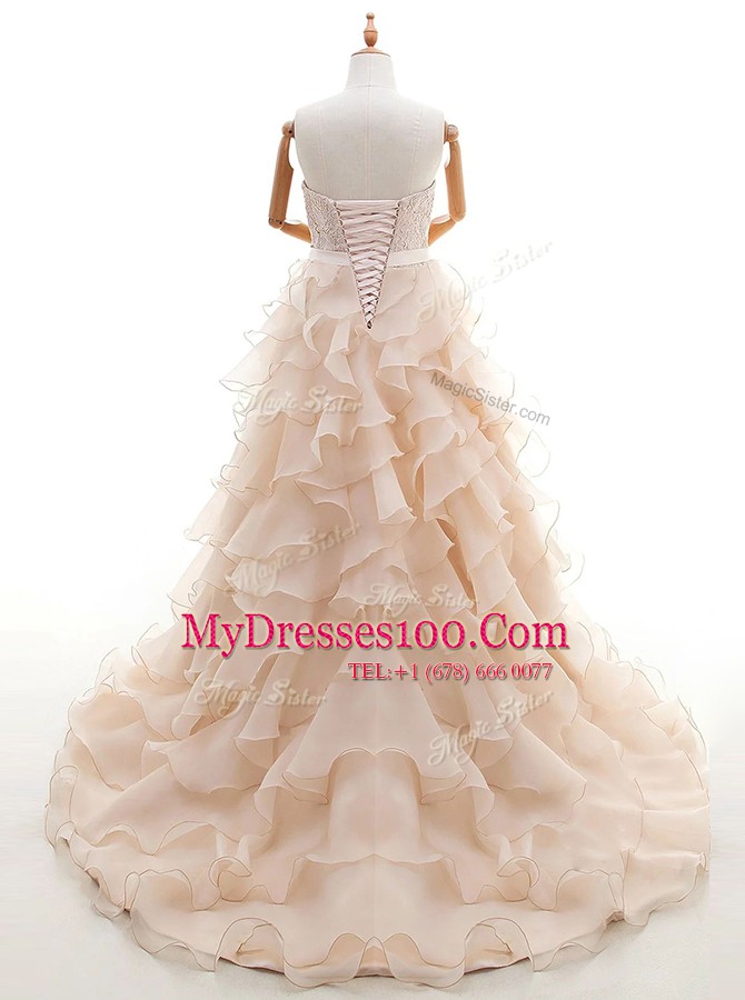 With Train Peach Wedding Dresses Organza Brush Train Sleeveless Lace and Ruffled Layers