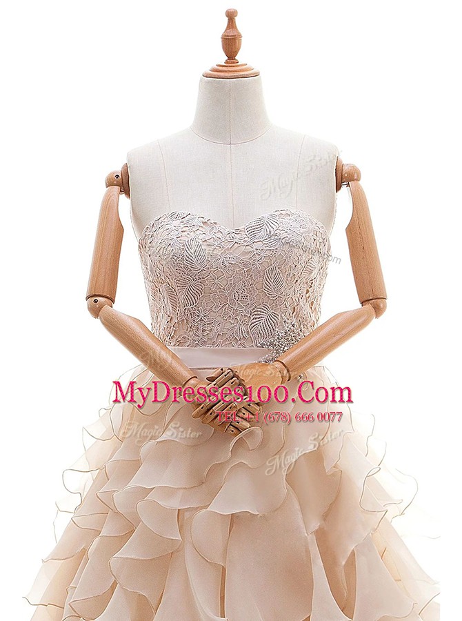 With Train Peach Wedding Dresses Organza Brush Train Sleeveless Lace and Ruffled Layers