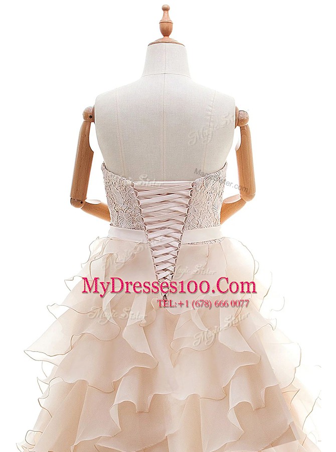 With Train Peach Wedding Dresses Organza Brush Train Sleeveless Lace and Ruffled Layers