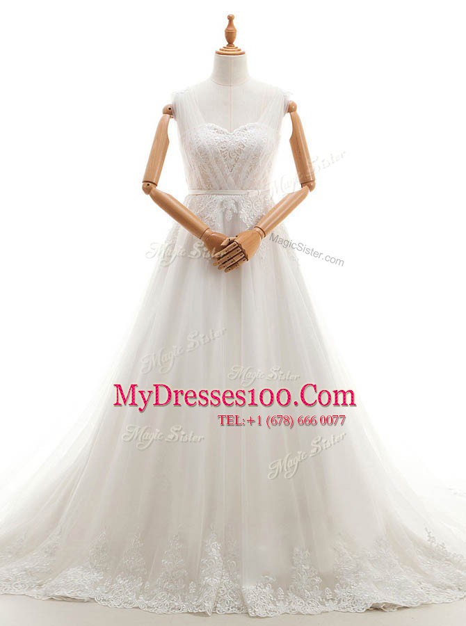 With Train A-line Sleeveless White Wedding Dress Court Train Clasp Handle
