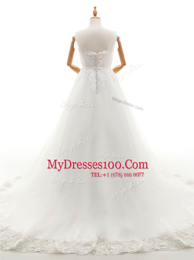 With Train A-line Sleeveless White Wedding Dress Court Train Clasp Handle