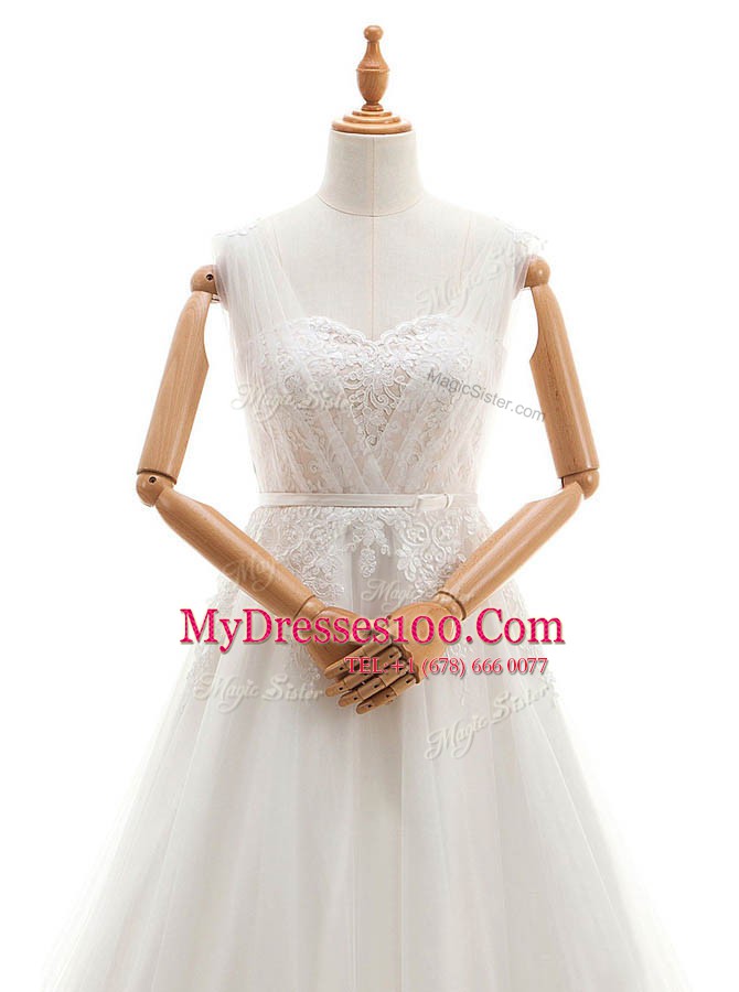 With Train A-line Sleeveless White Wedding Dress Court Train Clasp Handle