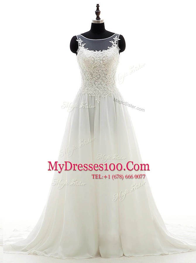 Captivating Scoop White Column/Sheath Lace Wedding Dresses Clasp Handle Chiffon Sleeveless With Train