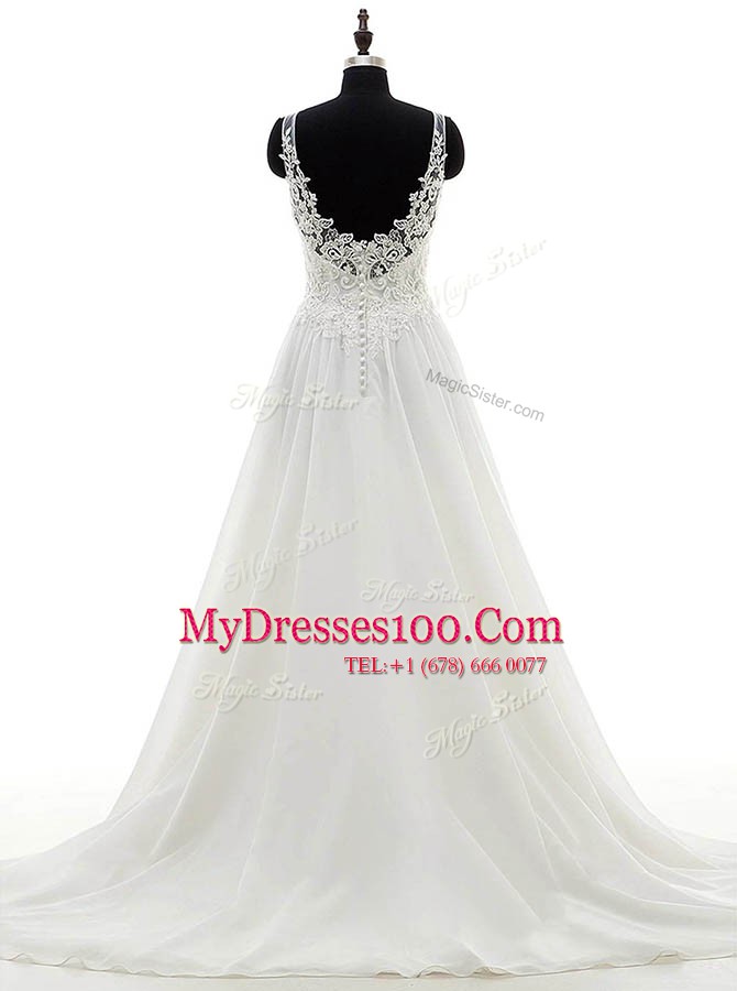 Captivating Scoop White Column/Sheath Lace Wedding Dresses Clasp Handle Chiffon Sleeveless With Train