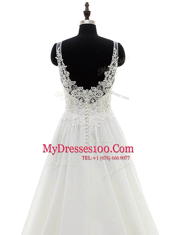 Captivating Scoop White Column/Sheath Lace Wedding Dresses Clasp Handle Chiffon Sleeveless With Train