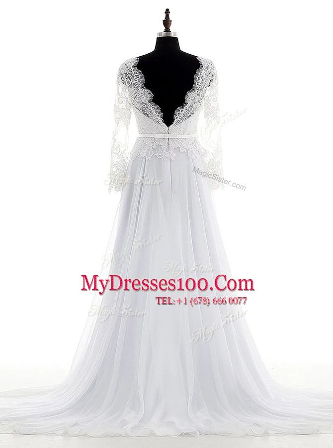 Designer Long Sleeves Chiffon With Brush Train Backless Wedding Gown in White with Lace