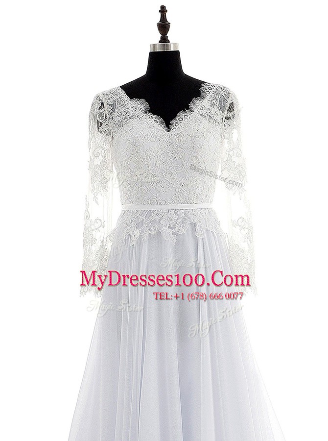Designer Long Sleeves Chiffon With Brush Train Backless Wedding Gown in White with Lace