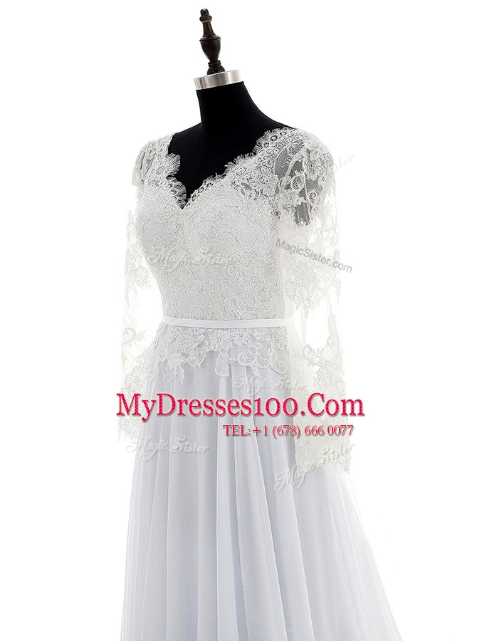 Designer Long Sleeves Chiffon With Brush Train Backless Wedding Gown in White with Lace