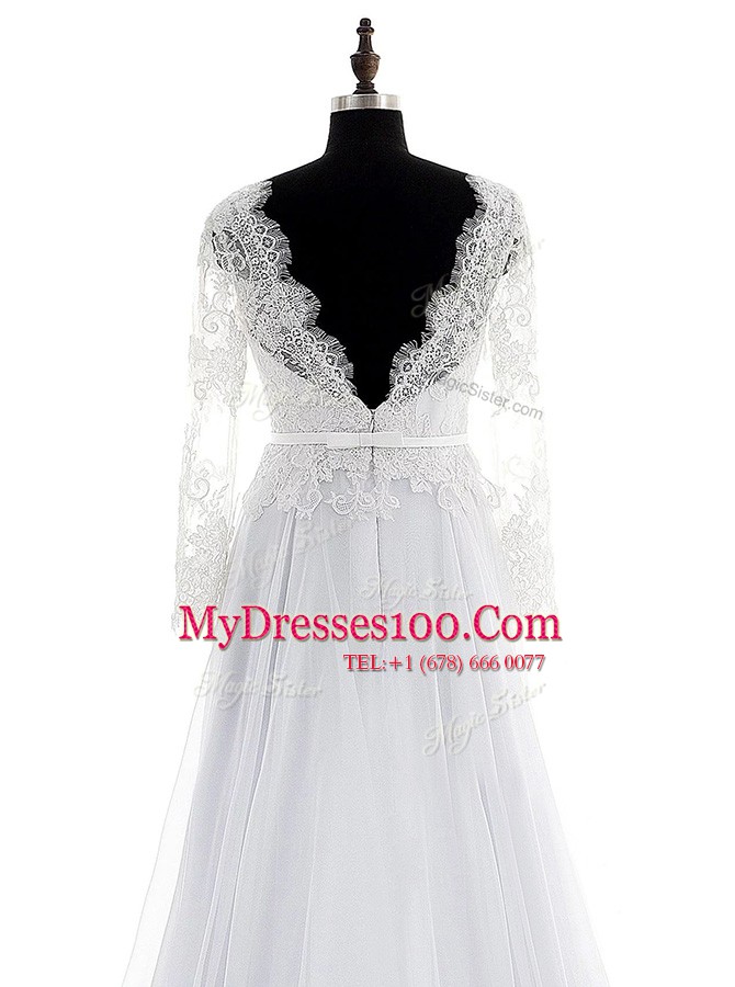 Designer Long Sleeves Chiffon With Brush Train Backless Wedding Gown in White with Lace