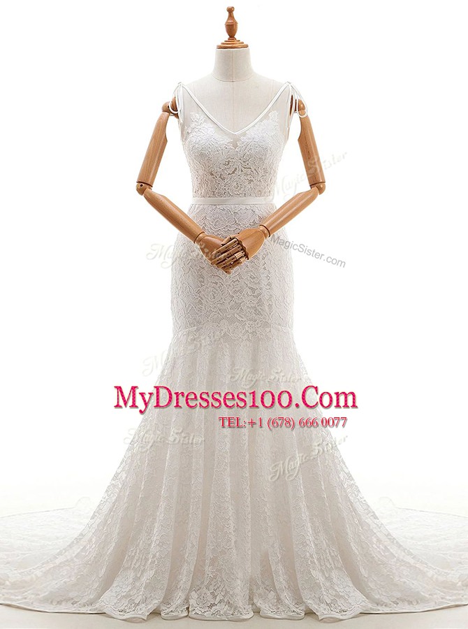 Delicate Sleeveless Lace With Train Court Train Backless Wedding Gowns in White with Lace