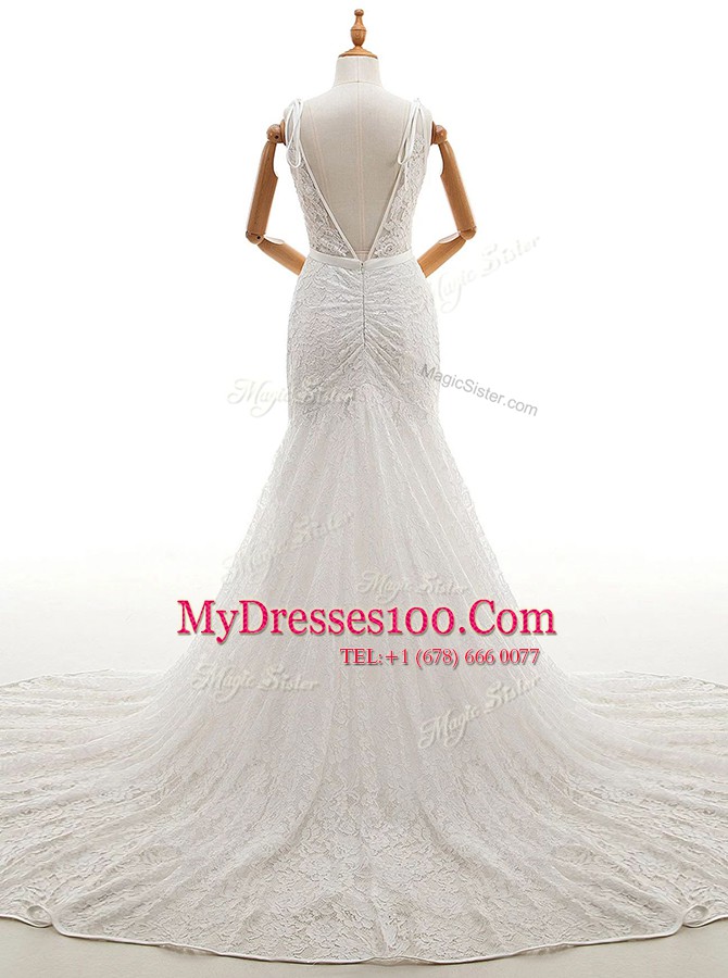 Delicate Sleeveless Lace With Train Court Train Backless Wedding Gowns in White with Lace