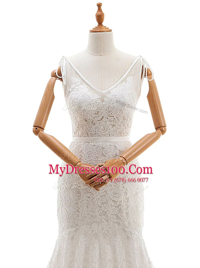 Delicate Sleeveless Lace With Train Court Train Backless Wedding Gowns in White with Lace