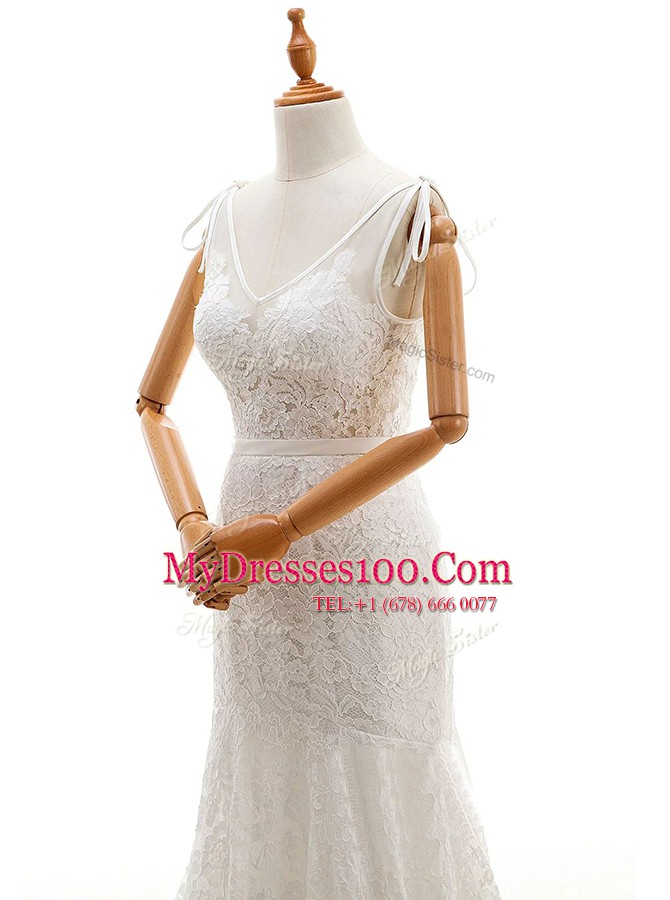 Delicate Sleeveless Lace With Train Court Train Backless Wedding Gowns in White with Lace