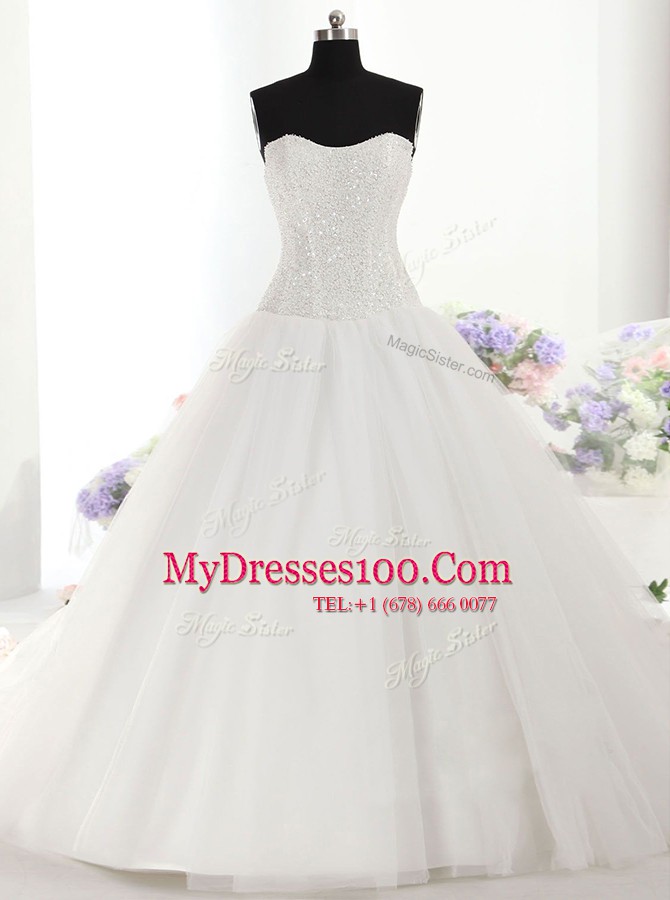 New Arrival Sleeveless With Train Beading Lace Up Wedding Gowns with White Brush Train