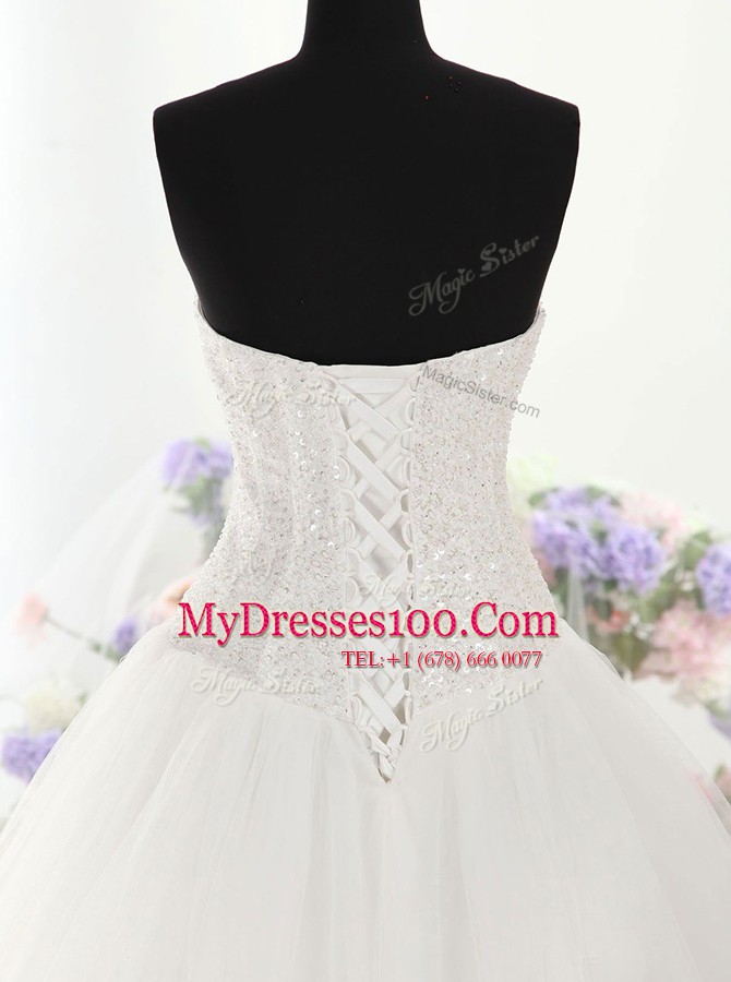 New Arrival Sleeveless With Train Beading Lace Up Wedding Gowns with White Brush Train